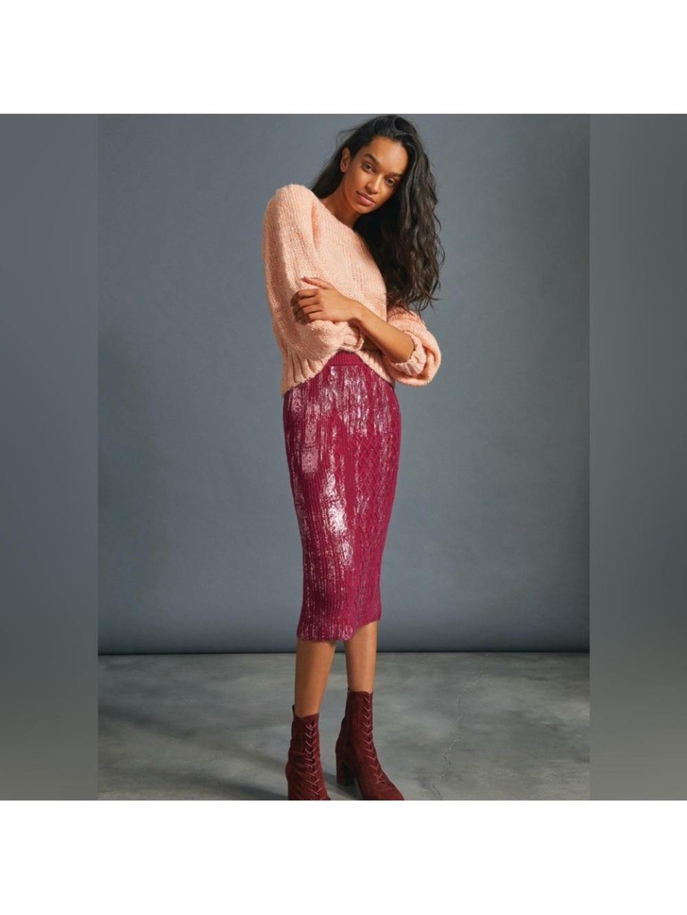 Anthropologie NWT Rue Shimmer Sweater Midi Skirt Plum Size Small